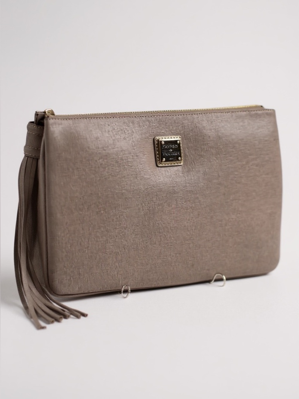 Dooney & Bourke Taupe Tasseled Clutch Zip Top Pouch 11" x 7.5” Large Tablet Bag